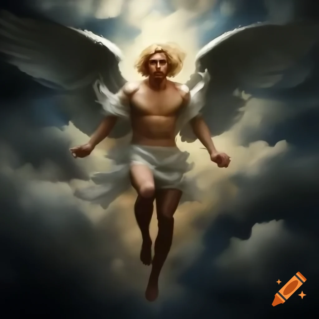 Renaissance painting of long-haired blonde male angel falling from heaven