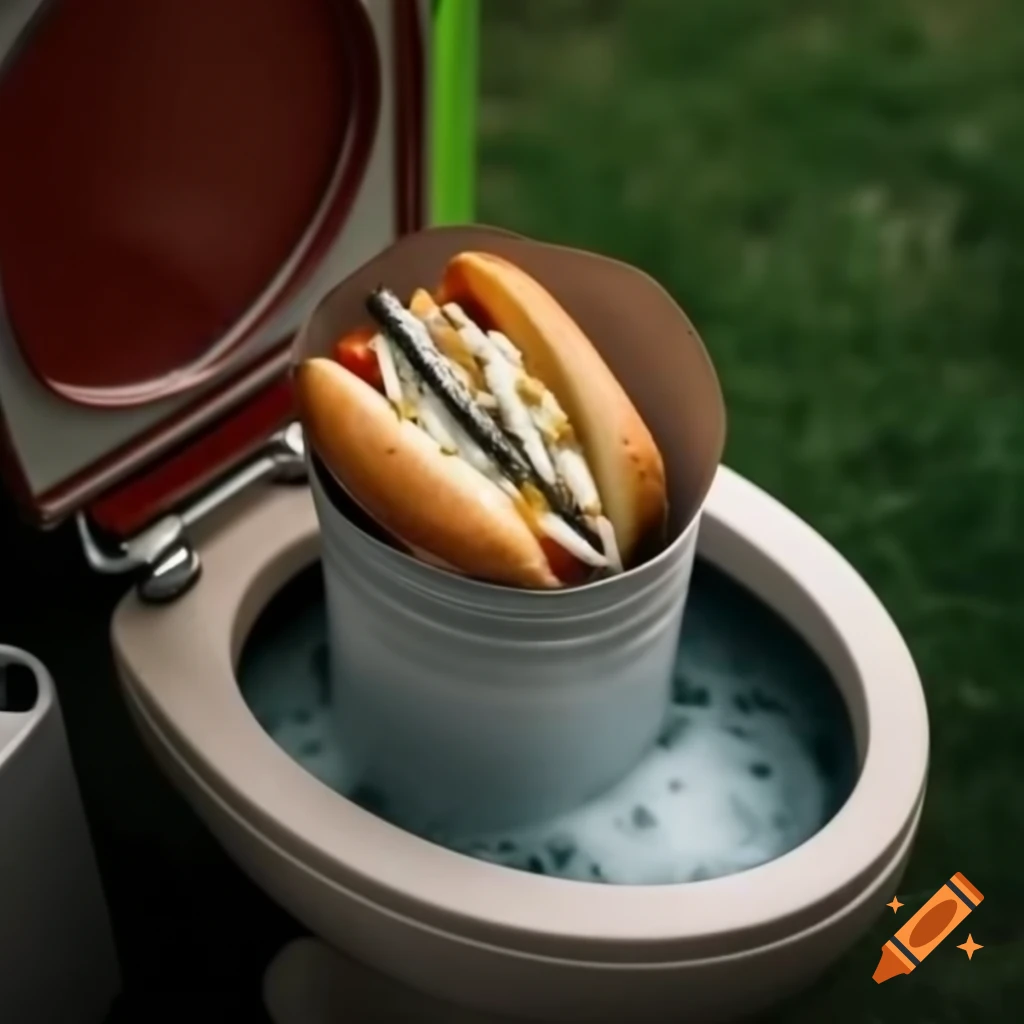 Can of sardines and hotdog at campground with toilet in background