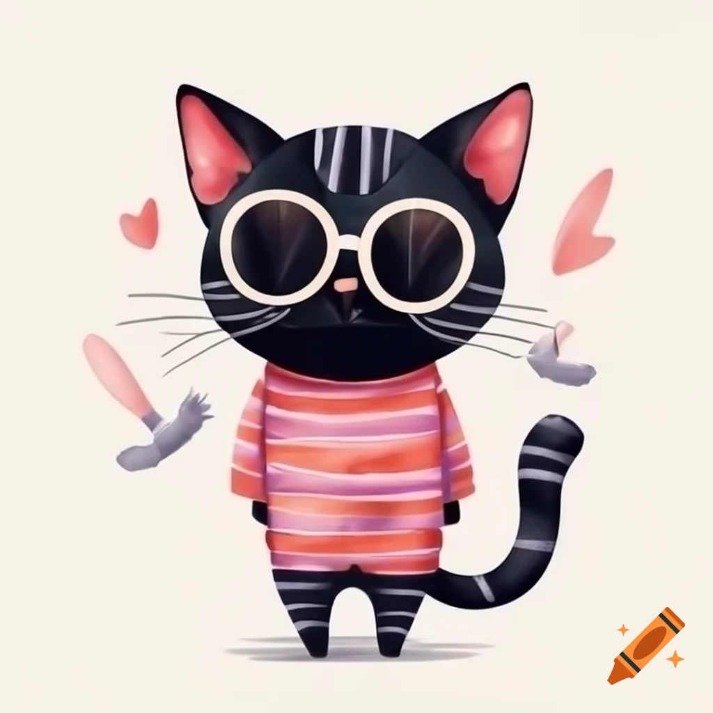 Cartoon art of black cat with pajama stripes and sunglasses