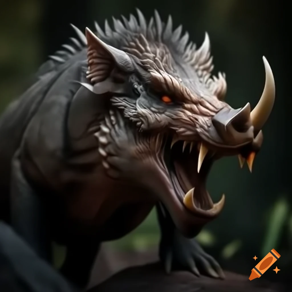 Hyper realistic wild boar-reptile fantasy creature with tusks in full figure