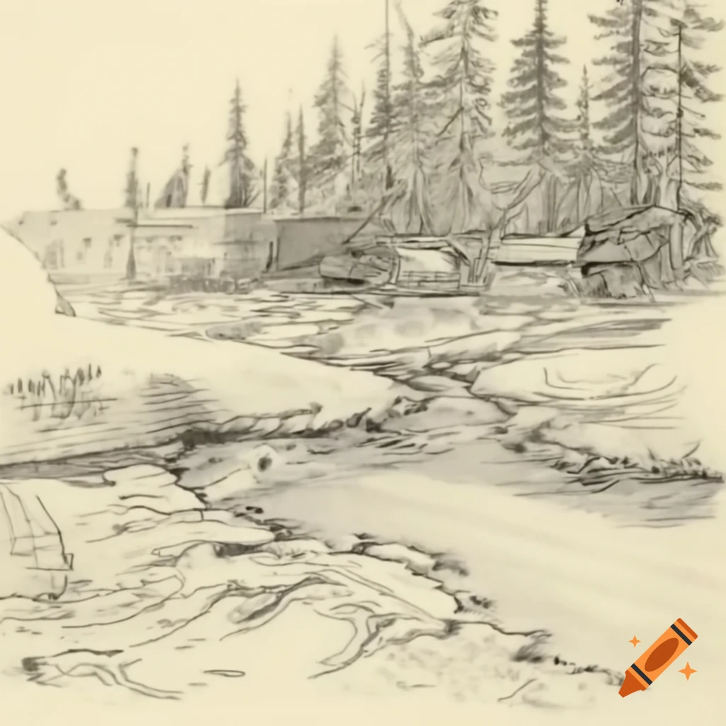 Sketch of a historic creek in old Vancouver featuring wooden structures