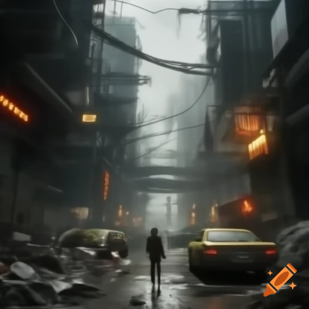 Post-apocalyptic cyberpunk town scene
