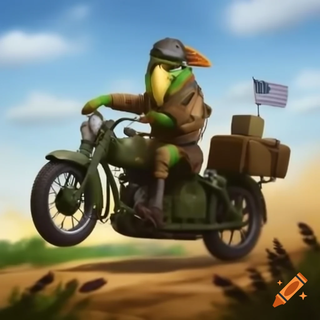 Oozlefinch mascot in Lederhosen riding WWII-era motorbike