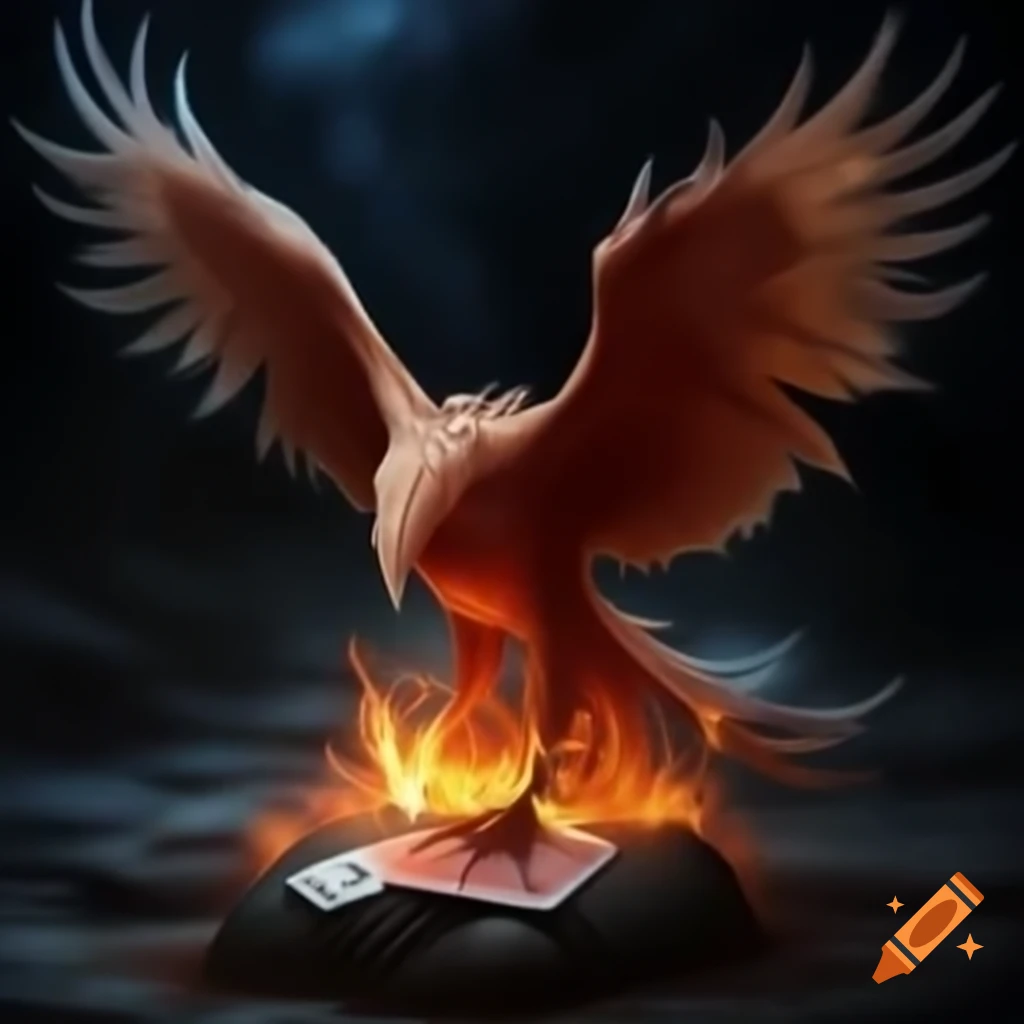 Phoenix rising from embers of campfire with playing card on rock