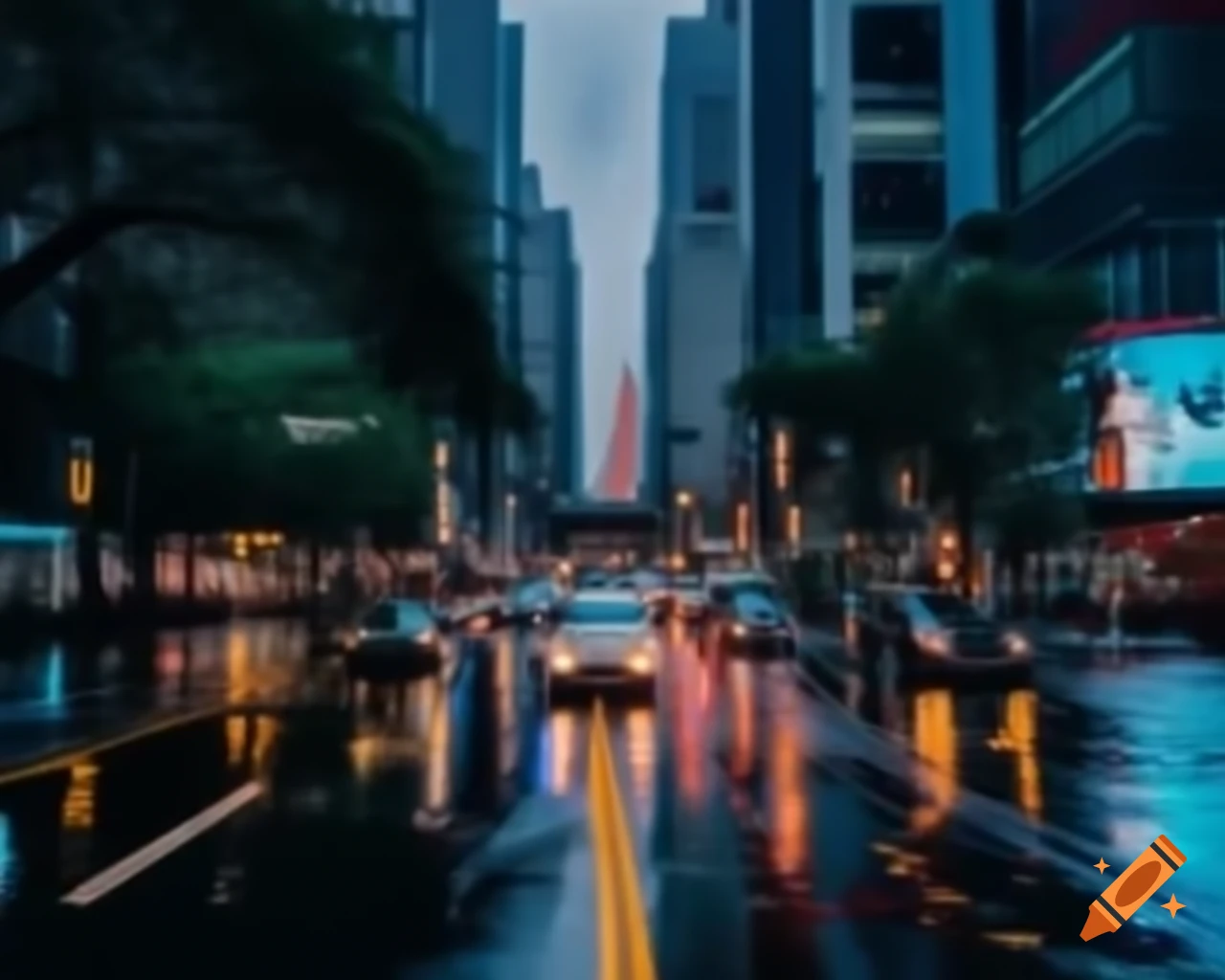 Cinematic night cityscape with neon lights and towering skyscrapers
