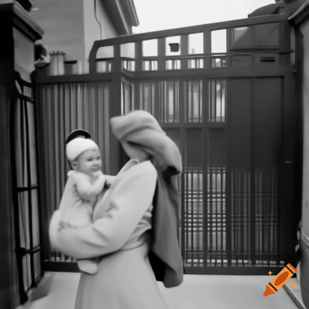 Woman adjusting baby's cap at house gate