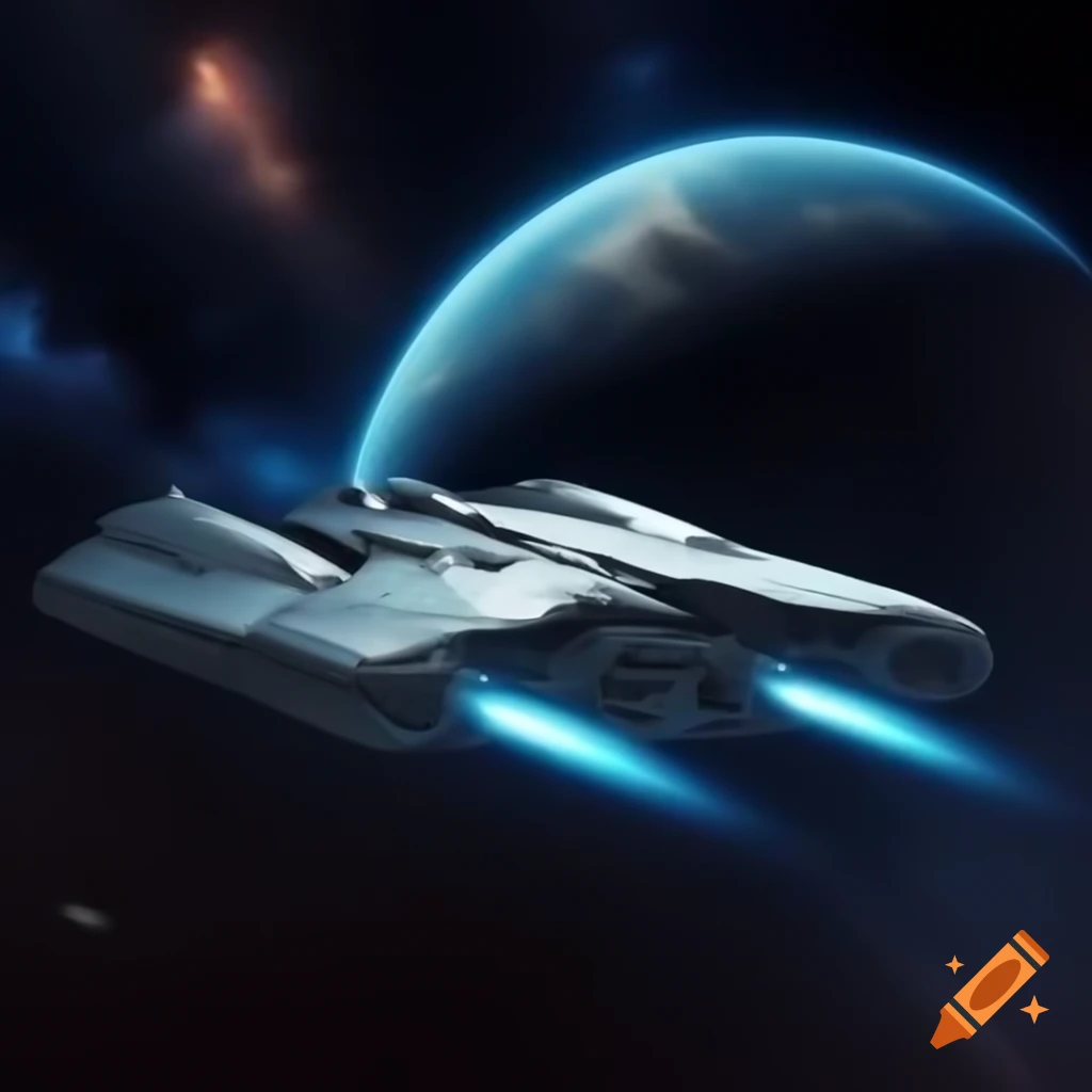 Wide-angle shot of sleek silver spaceship entering stars above reddish planet