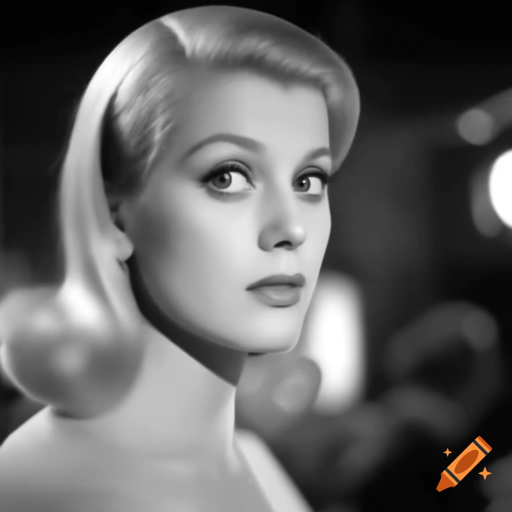 Hyper-realistic candid shot of European actress on movie set in 1963