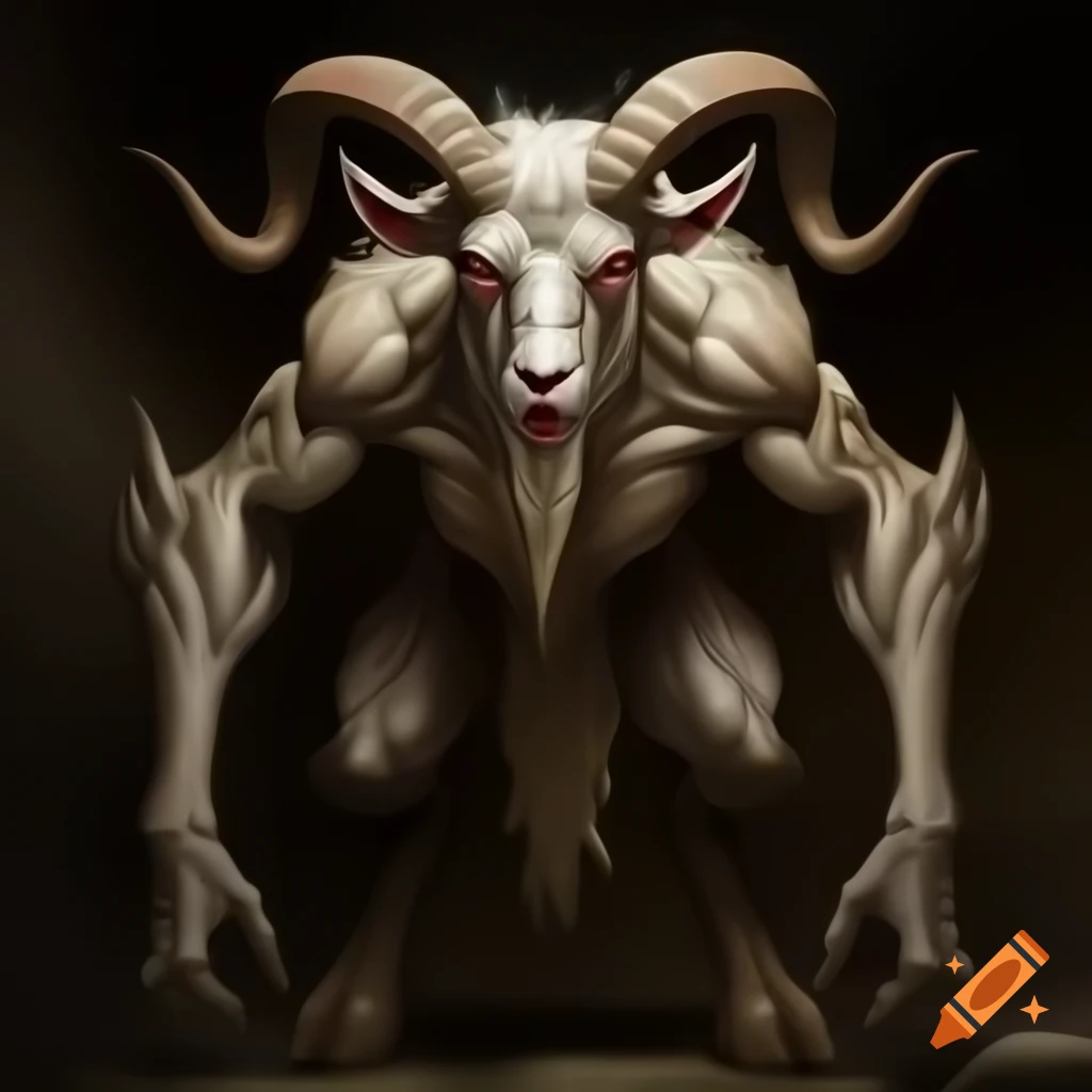 Realistic depiction of a goat-headed demon with large horns and muscular legs in oil painting
