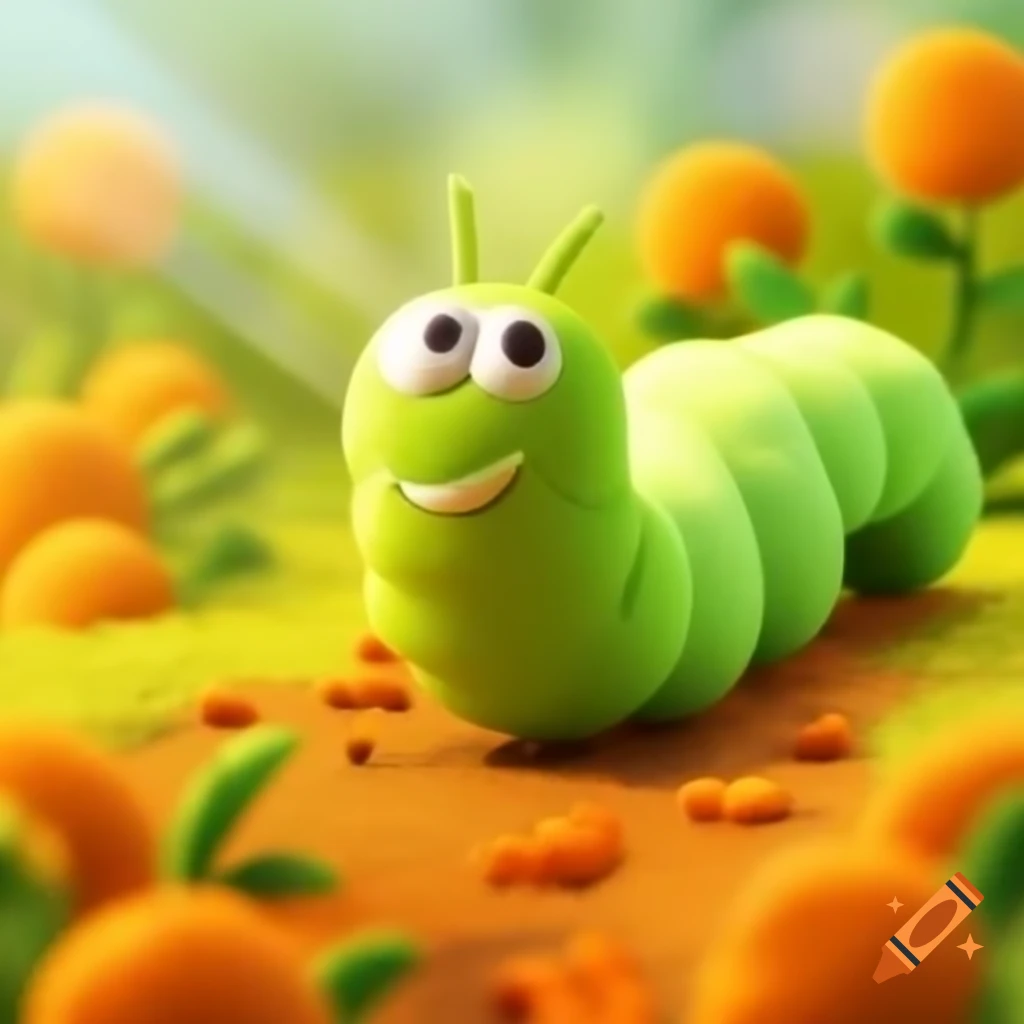 Whimsical animated scene of lime-green caterpillar in sun-dappled meadow
