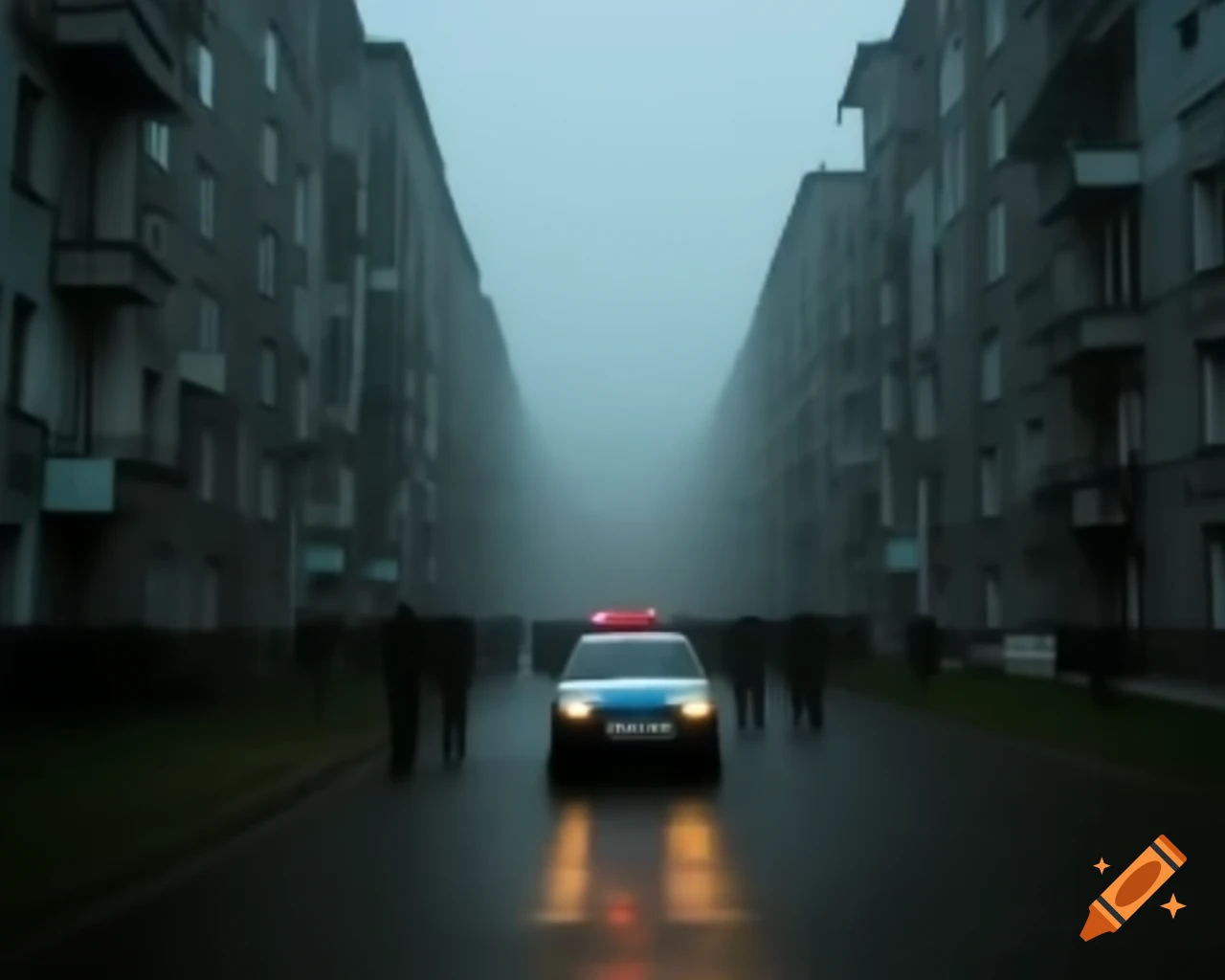 Foggy street in a Russian city with gray buildings and distant police patrol car