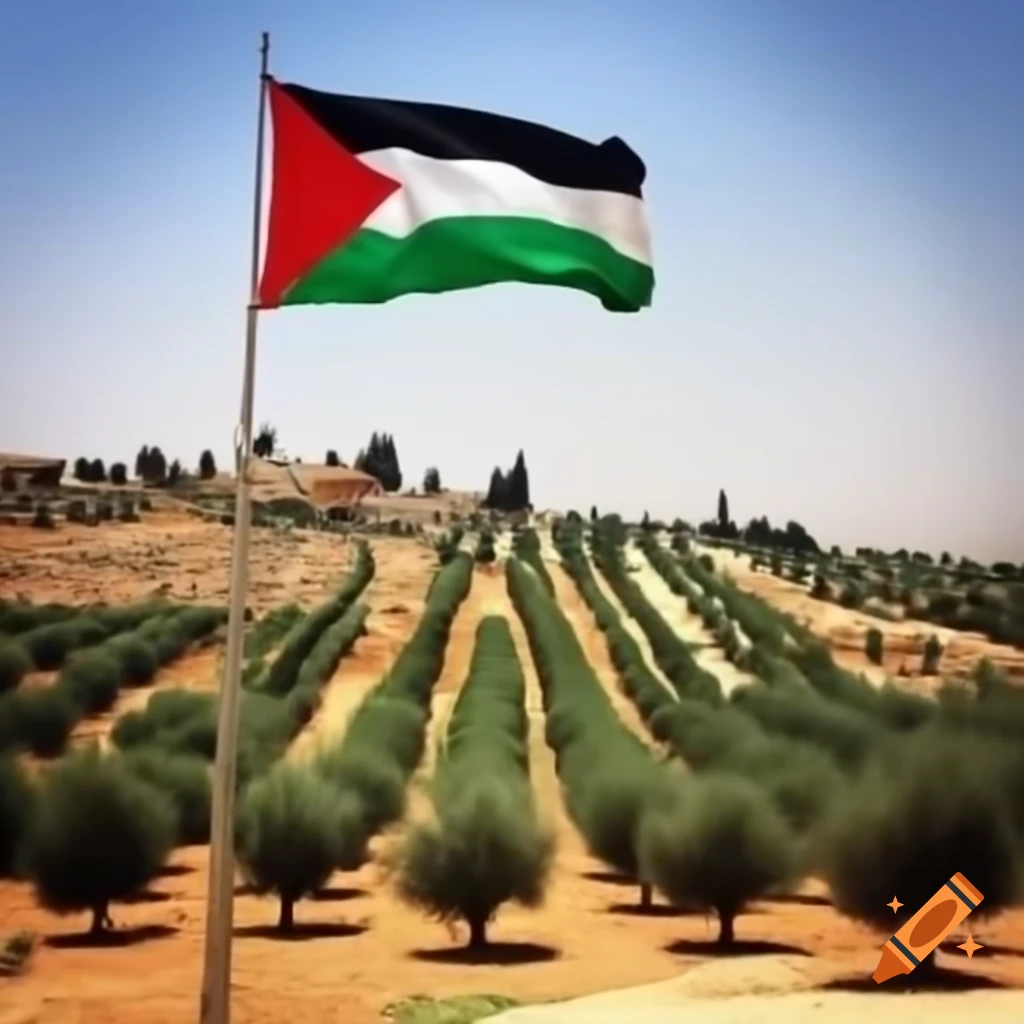 Palestine flag with olive trees landscape in background