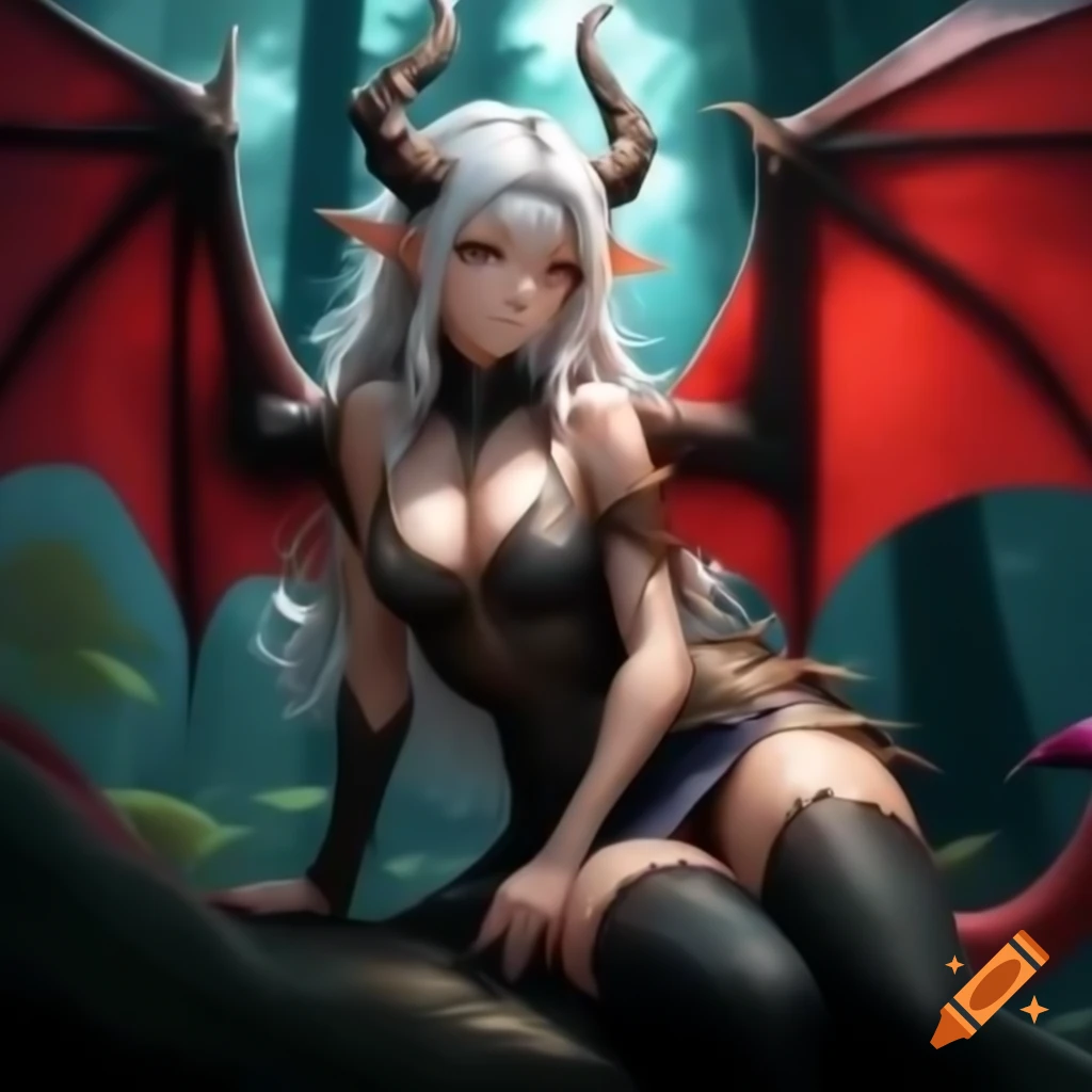Anime dragon woman with brown hair and grey eyes in fantasy forest, cinematic lighting