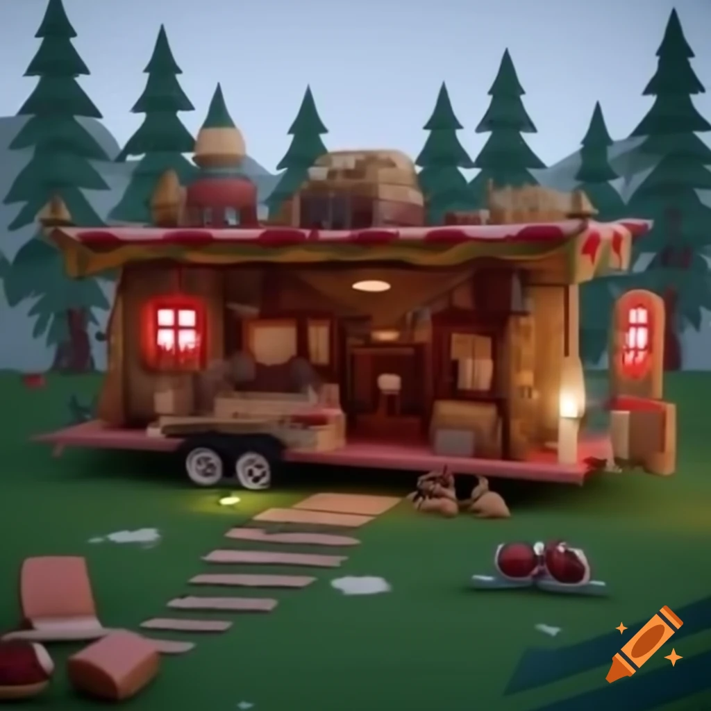 Circus trailer with wooden structure and red metal details on green grass