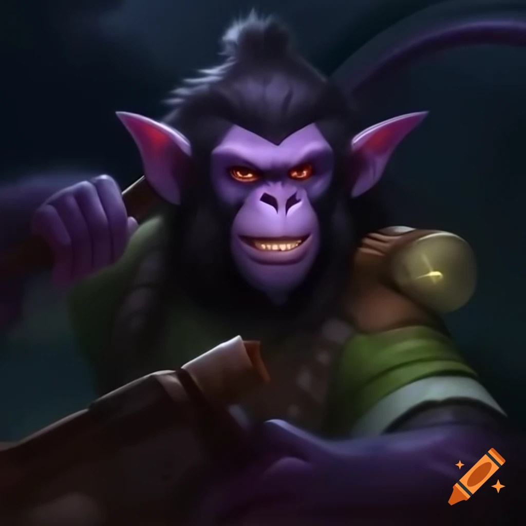 Small male monkey-ape hybrid with purple/green skin, black fur, pointy ears, and glowing red eyes