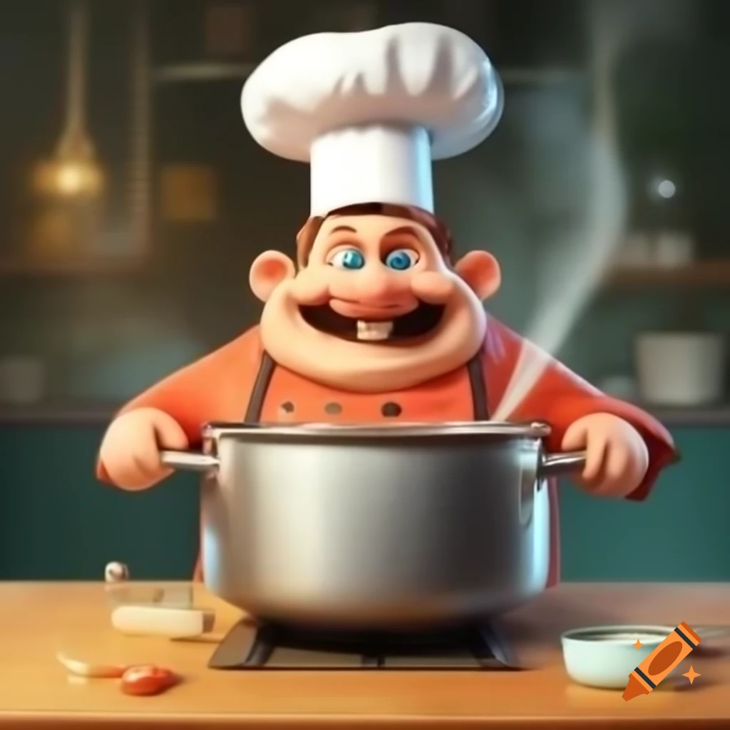 Cartoon chef in white apron and hat stirring a large pot with a silly expression