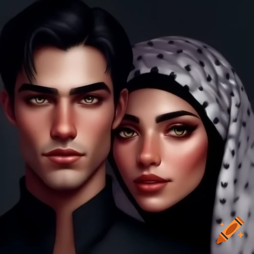 Couple portrait featuring slim Nordic man and woman wearing Palestinian keffiyeh