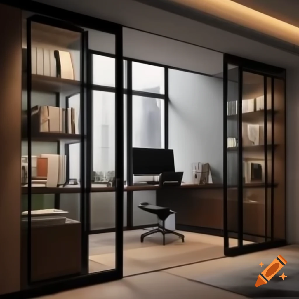 Modern office design with glass walls and polished wood floors