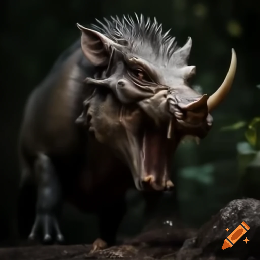 Hyper realistic wild boar-reptile fantasy creature with tusks in full figure