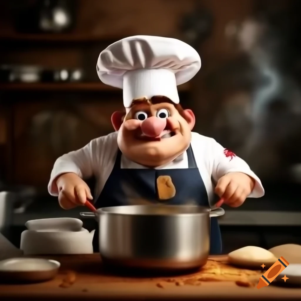 Cartoon chef in white apron and hat stirring a large pot with a silly expression
