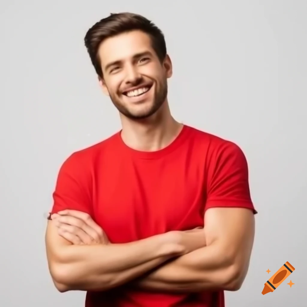 Smiling man in red t-shirt with arms crossed