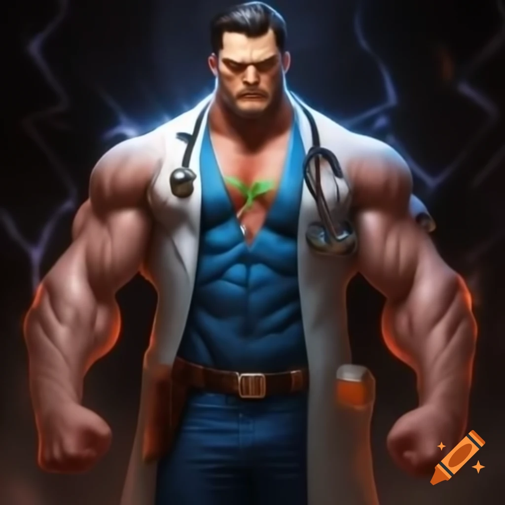 Muscular superhero dressed as a doctor with healing powers