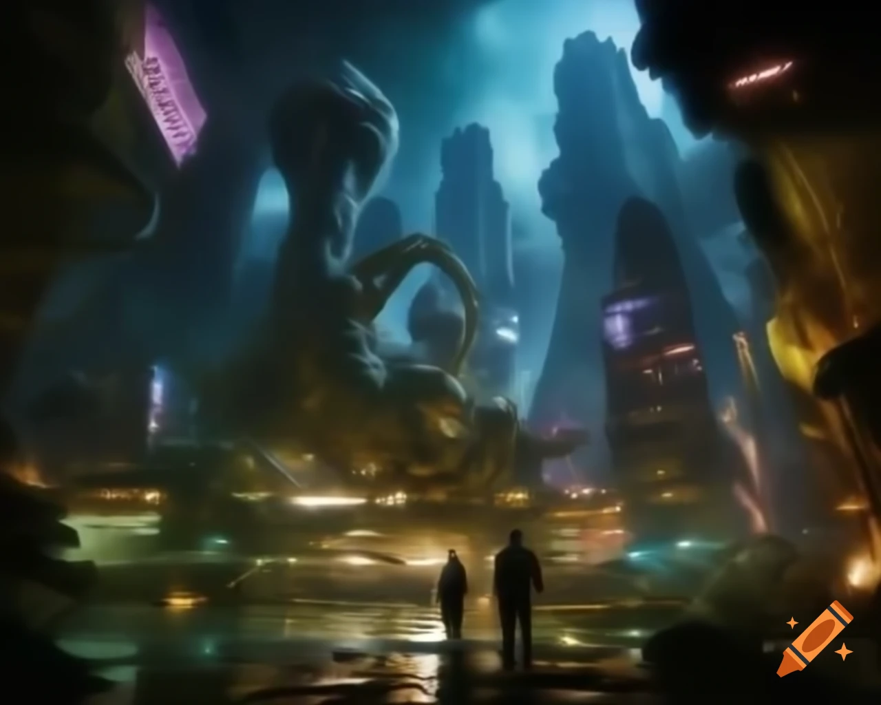 Surreal biopunk cityscape depicting fusion of technology and biology