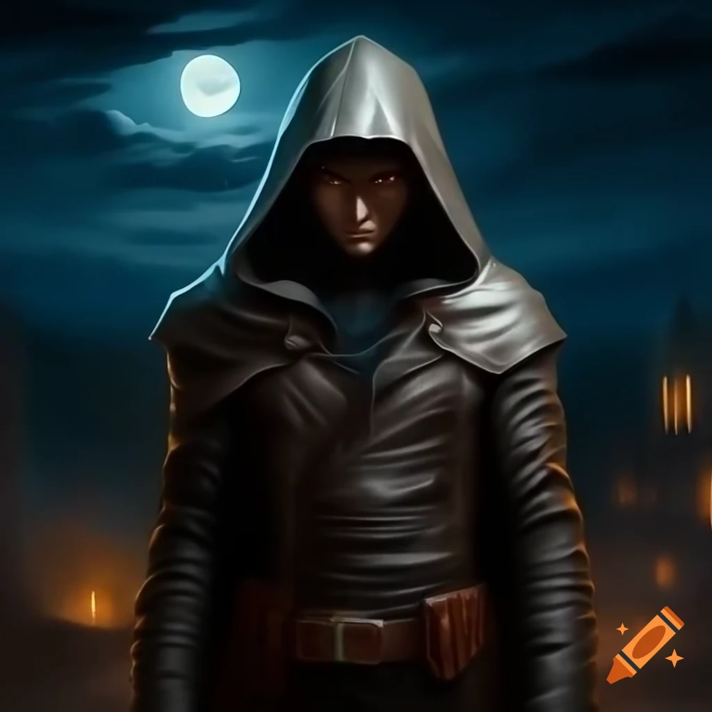 Mysterious hooded figure in silvery moonlight, cloaked in leather