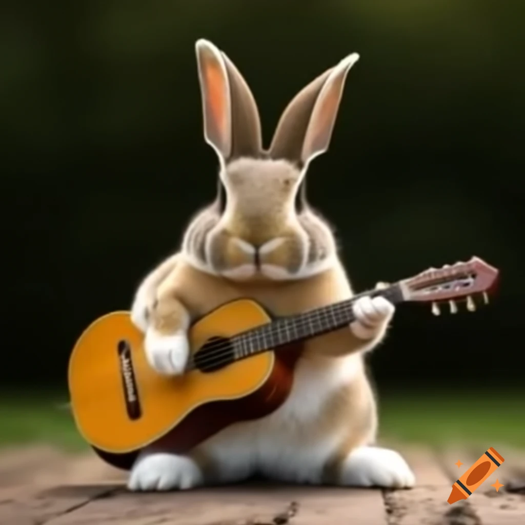 Bunny with guitar surrounded by playful elements