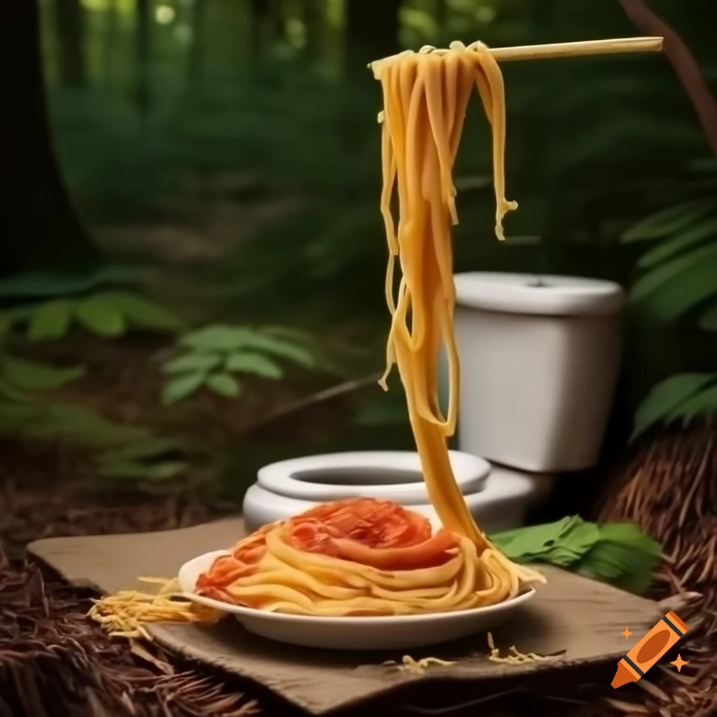 Creative hotdog spaghetti dish in forest setting near toilet