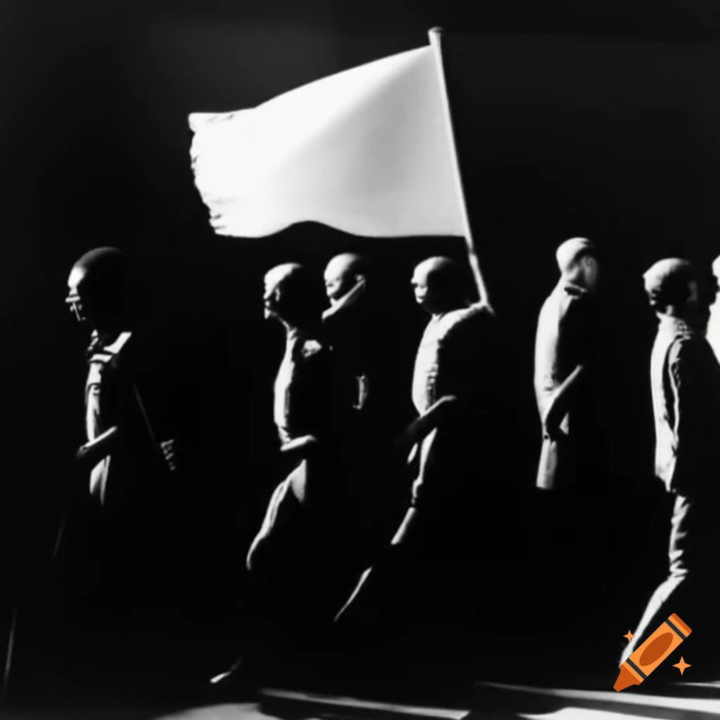 Monochrome swarm of shadowy faceless figures with oversized white flag