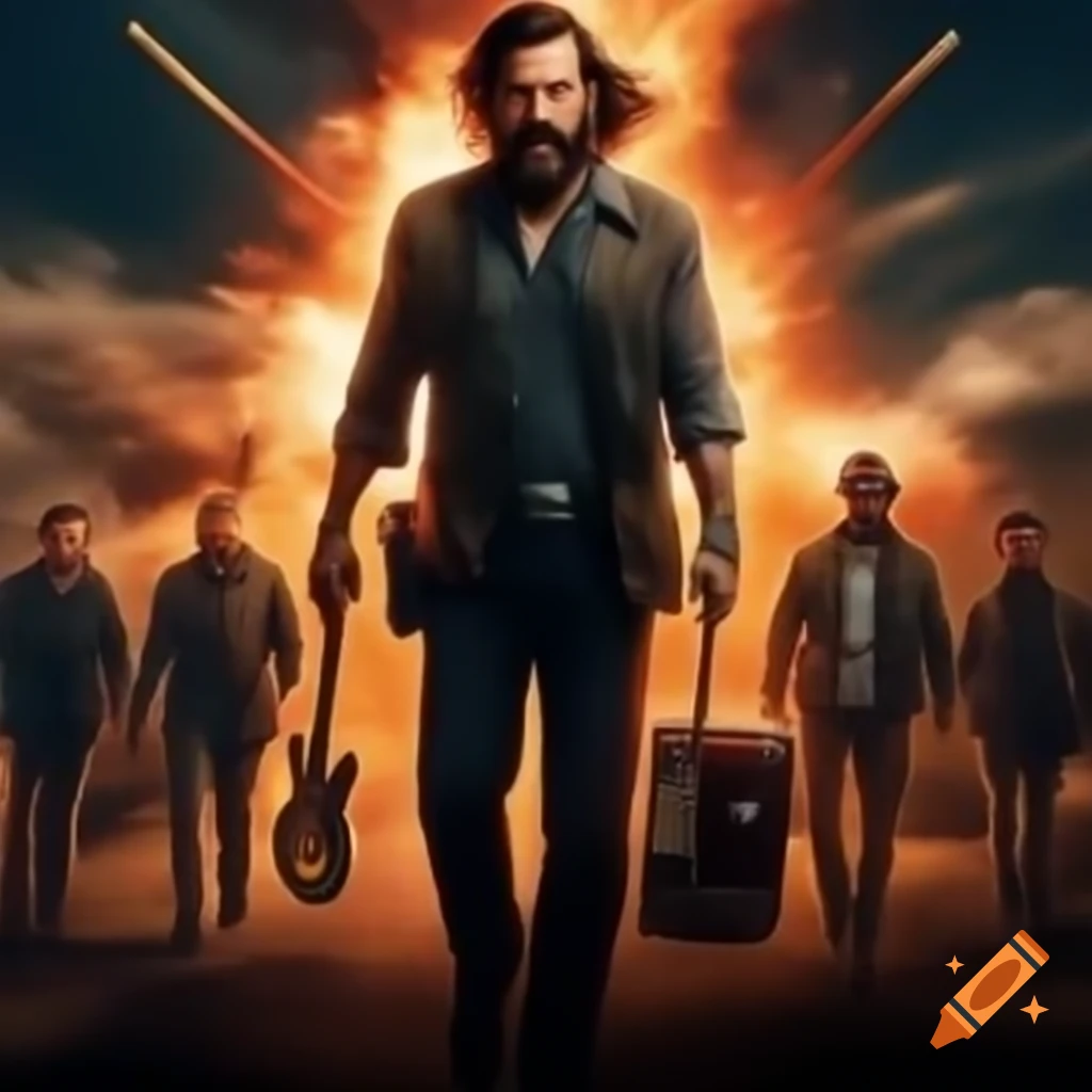 Action movie poster featuring bearded men with musical instruments