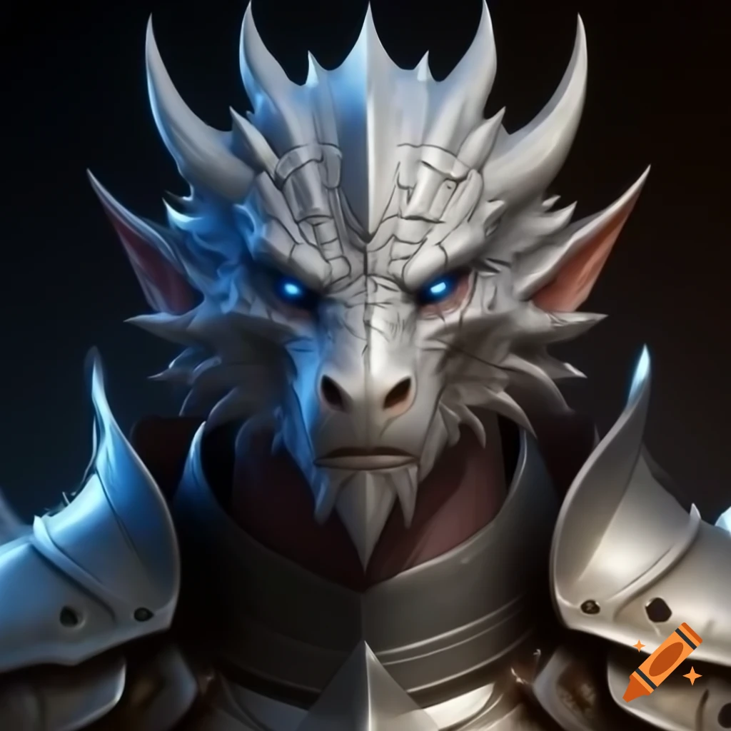 Silver Dragonborn with blue eyes in plate armor