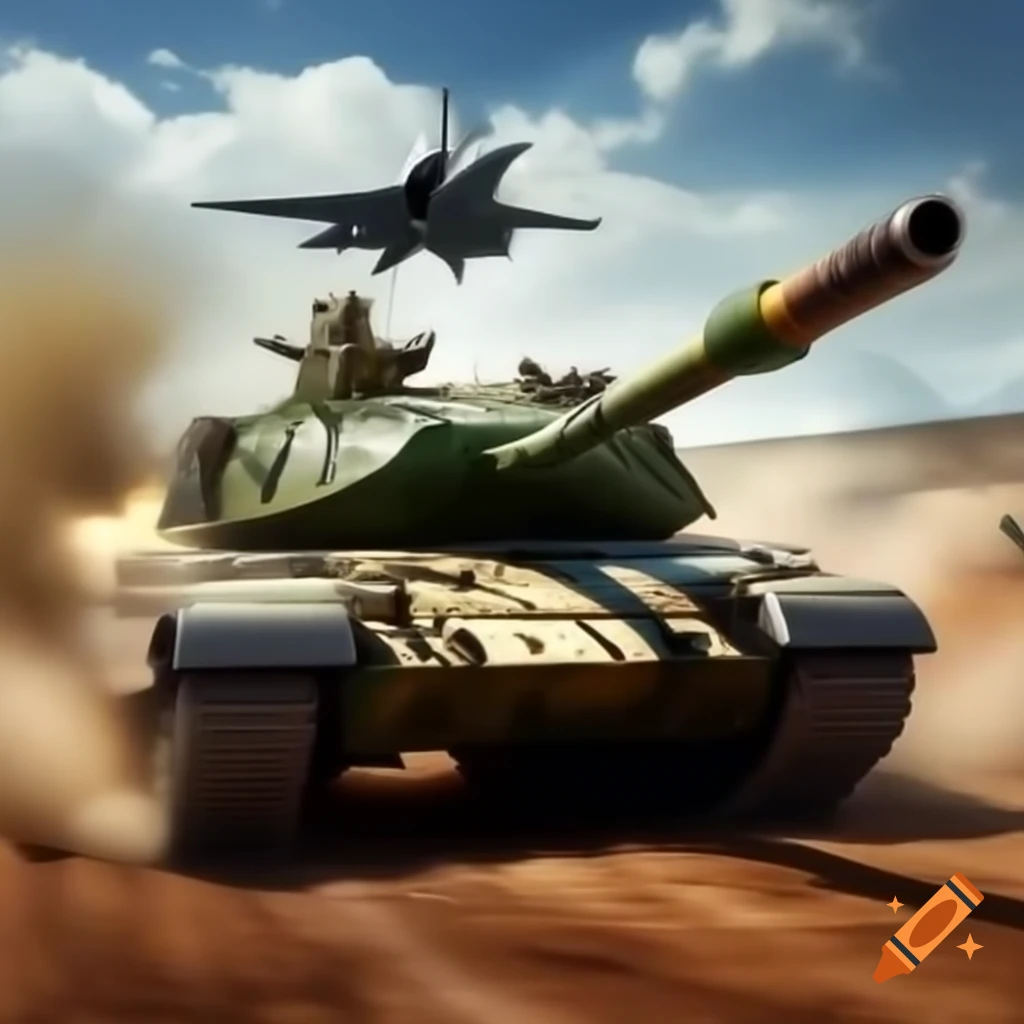 Tank racing with military jet at airbase