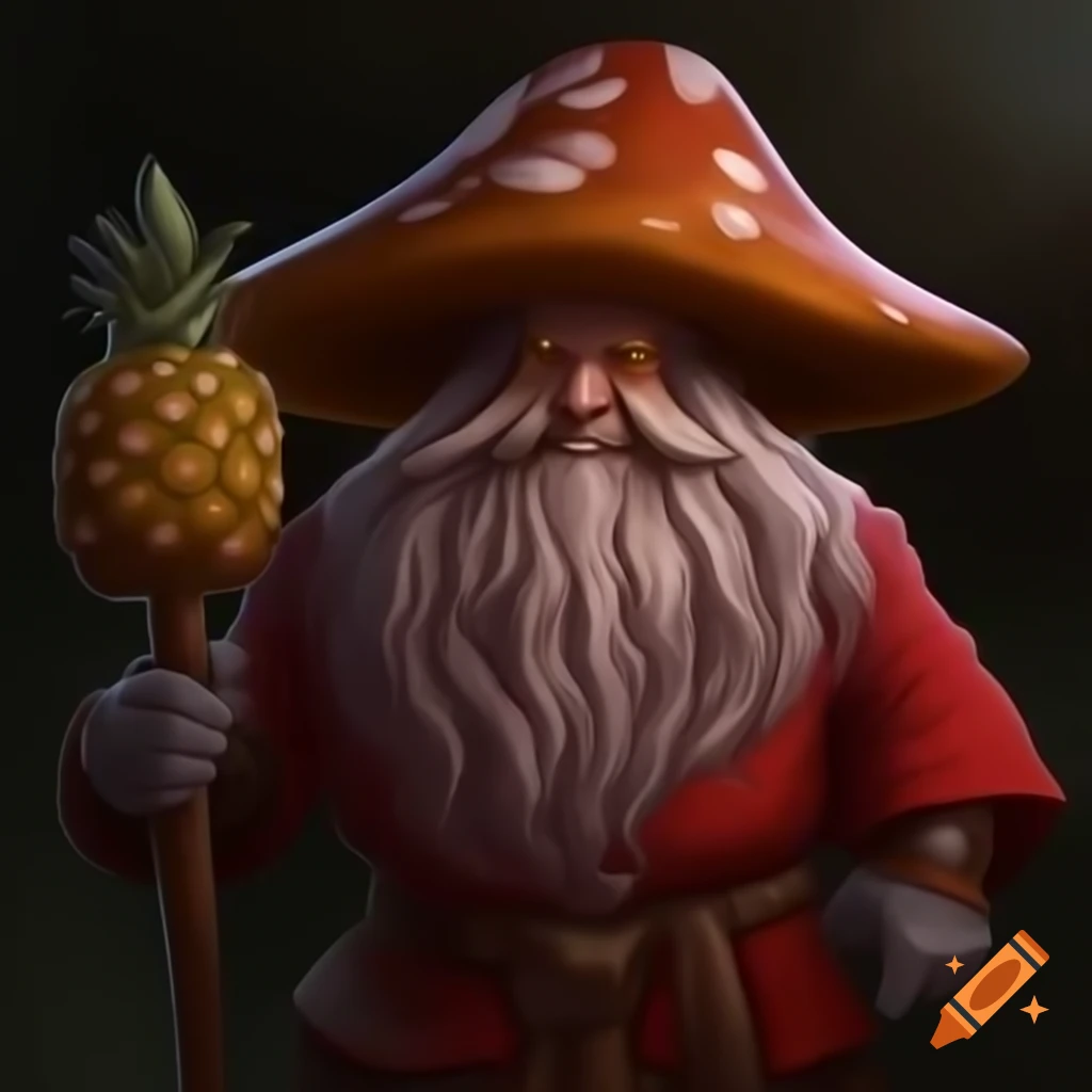 Medieval fantasy character with long beard, mushroom hat, rubber gloves, and red dress, holding pineapple on stick