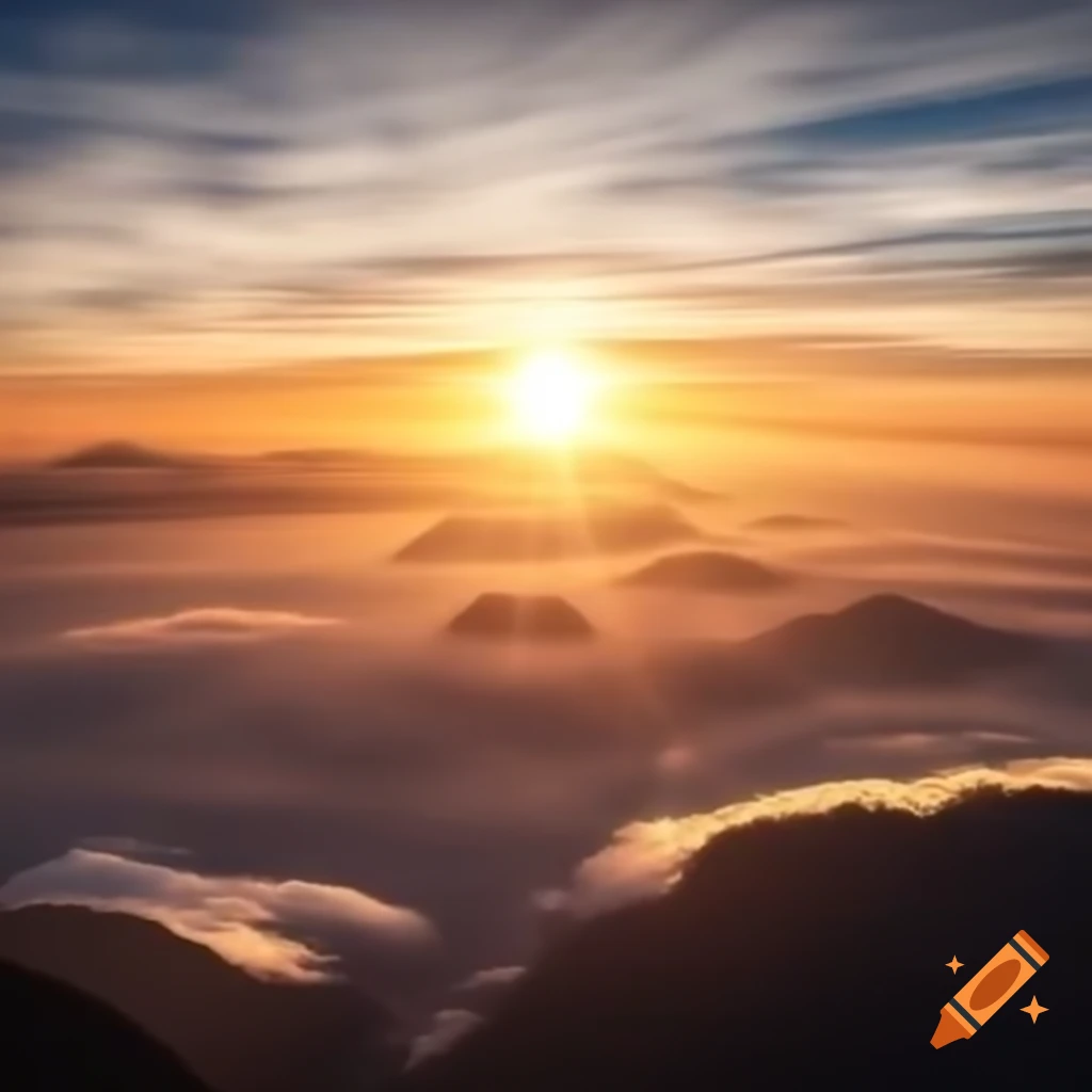 Breathtaking sunrise over mountains or ocean with warm light through clouds