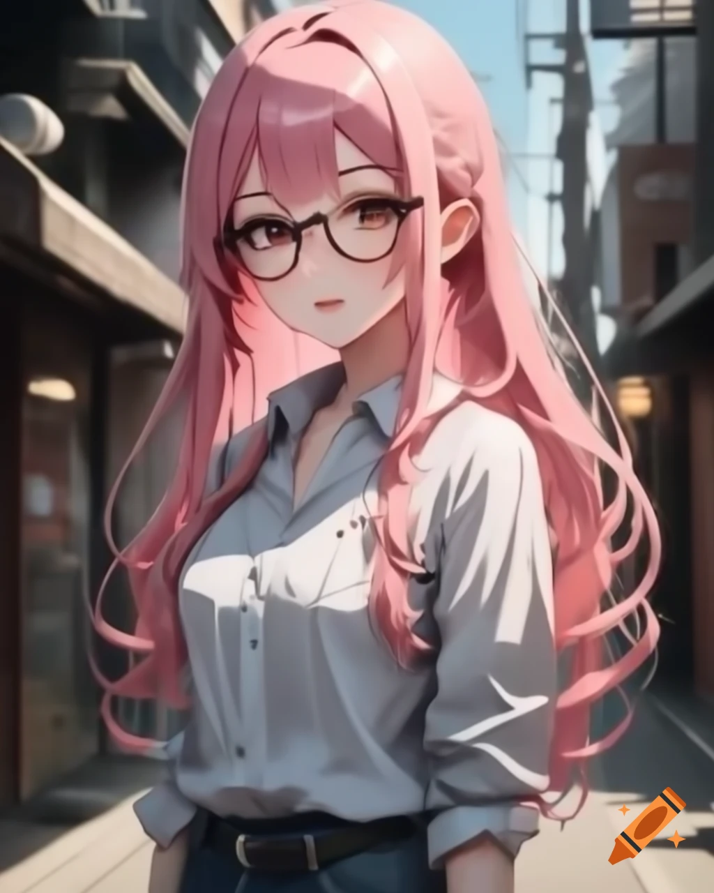 Beautiful anime girl with pink hair and glasses checking her watch on the street