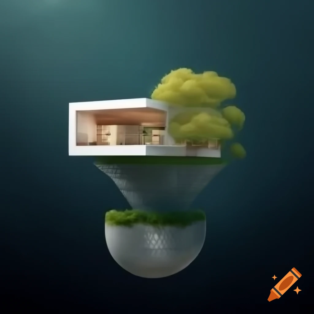Floating modern house in space with trees growing potatoes
