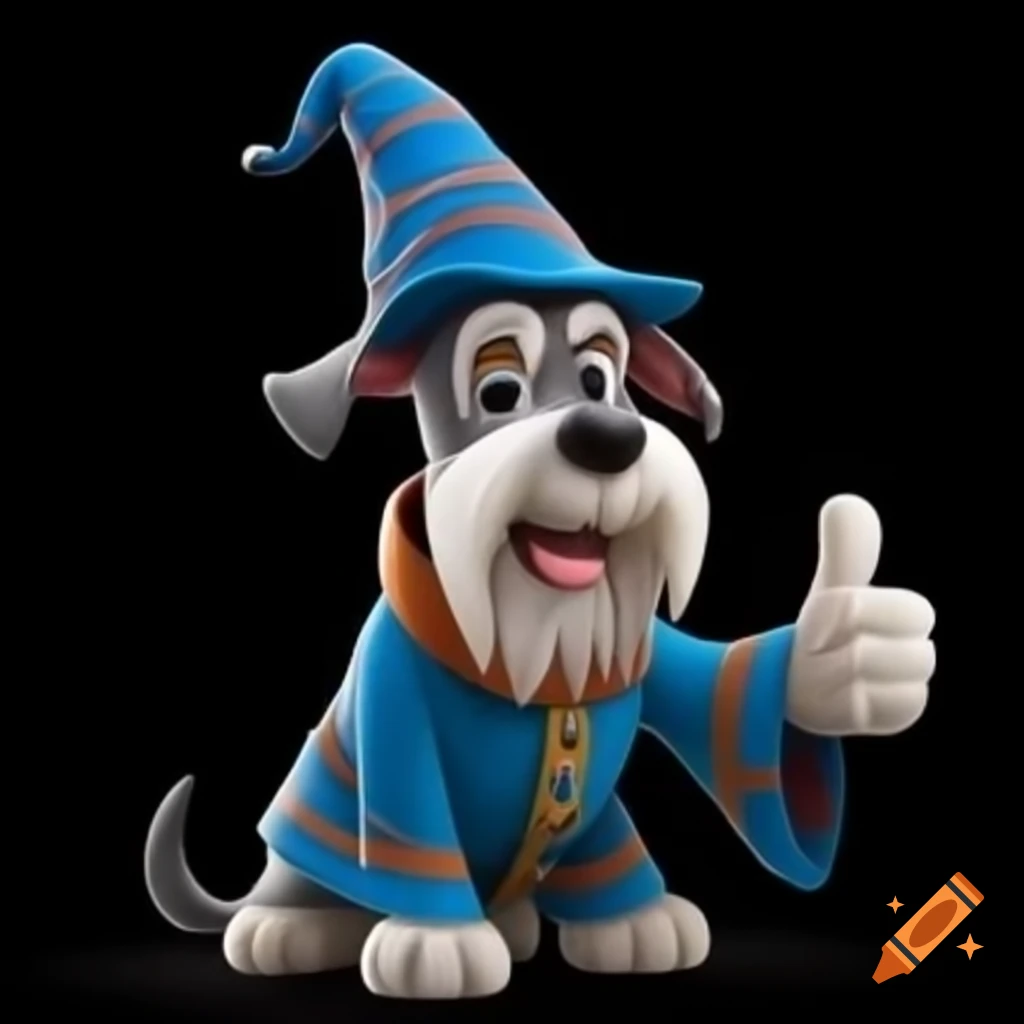 2D cartoon schnauzer wizard in pointy hat and robes, smiling and giving thumbs up