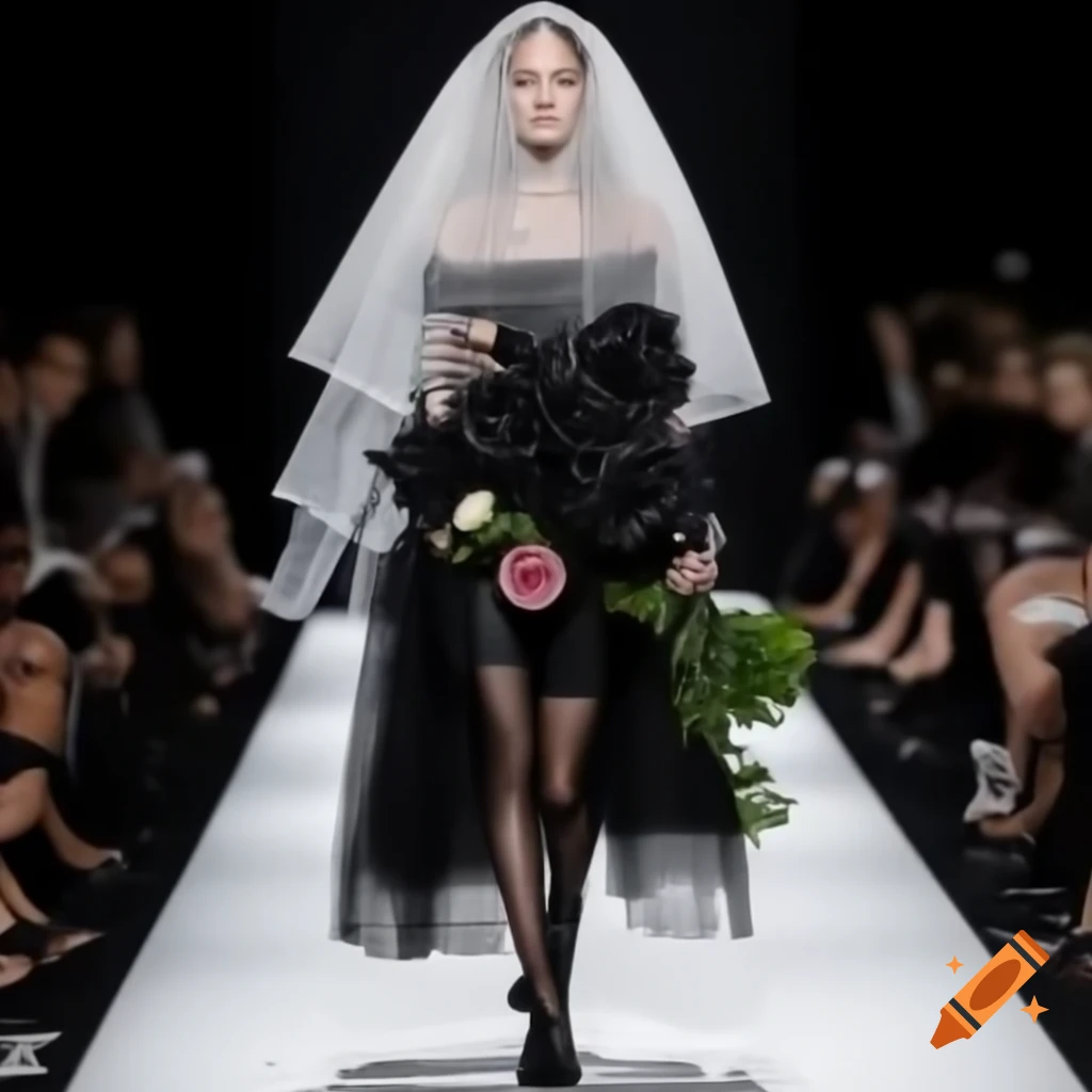 Young fashion model in short black dress with roses and crosses on runway