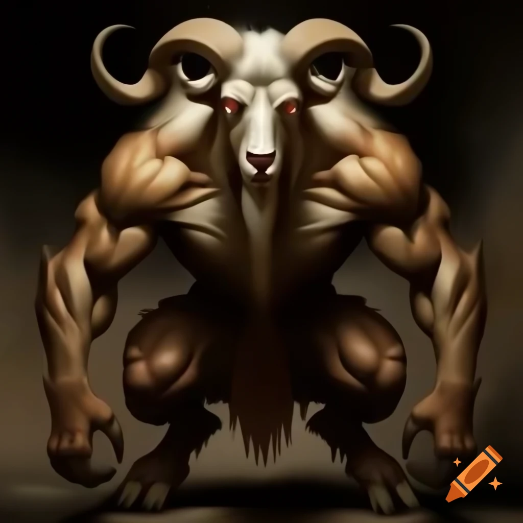 Realistic depiction of a goat-headed demon with large horns and muscular legs in HD oil painting