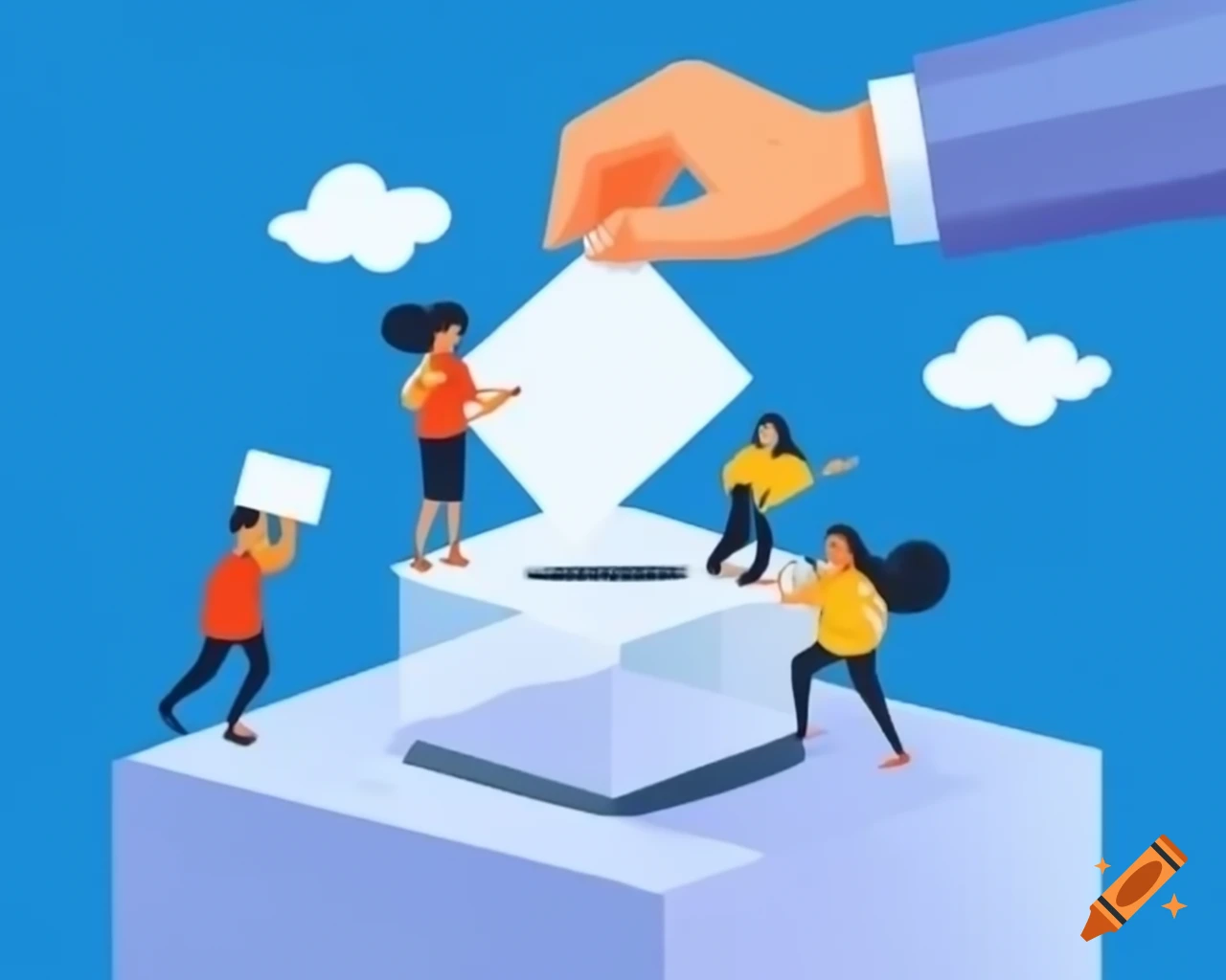 Cartoon depicting people rushing to a ballot box