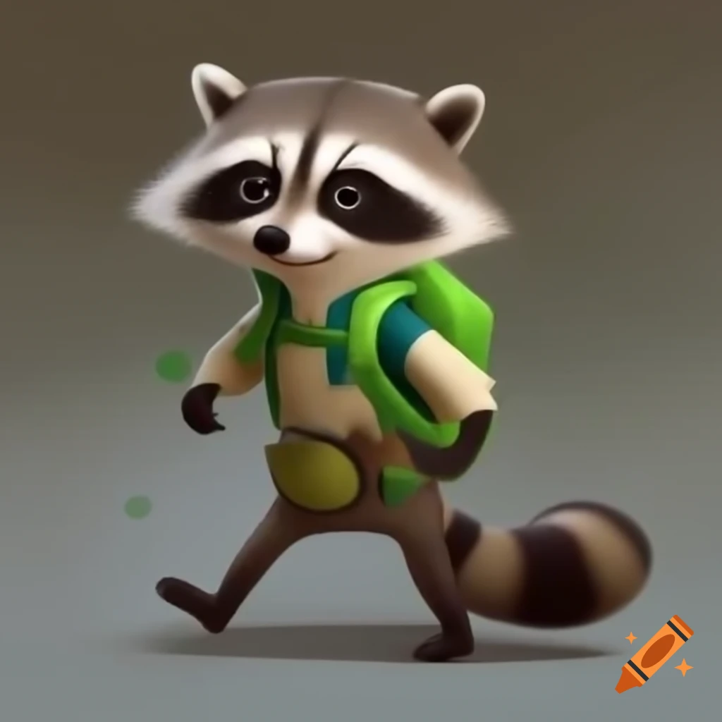 Animated raccoon walking on two feet wearing green bowtie and tan fanny pack with recycling symbol
