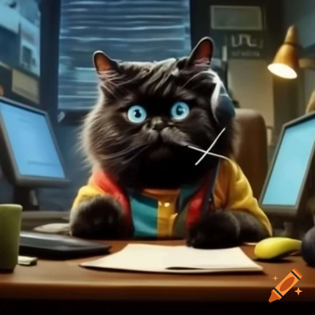 Colorful illustration of a black cat typing emails on a computer, cheerful mood
