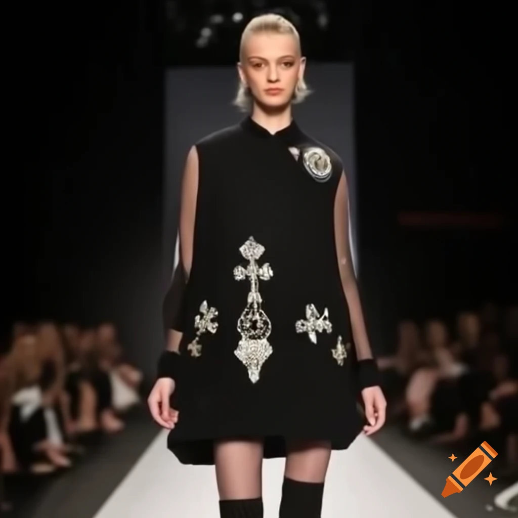 Young model in black dress with embroidery on fashion runway, posing sadly