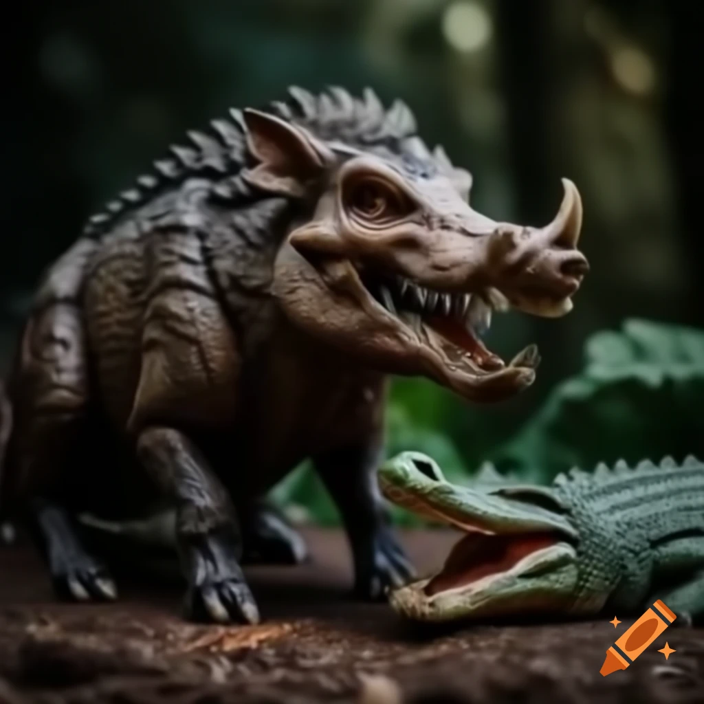 Hyper realistic hybrid creature of wild boar and crocodile