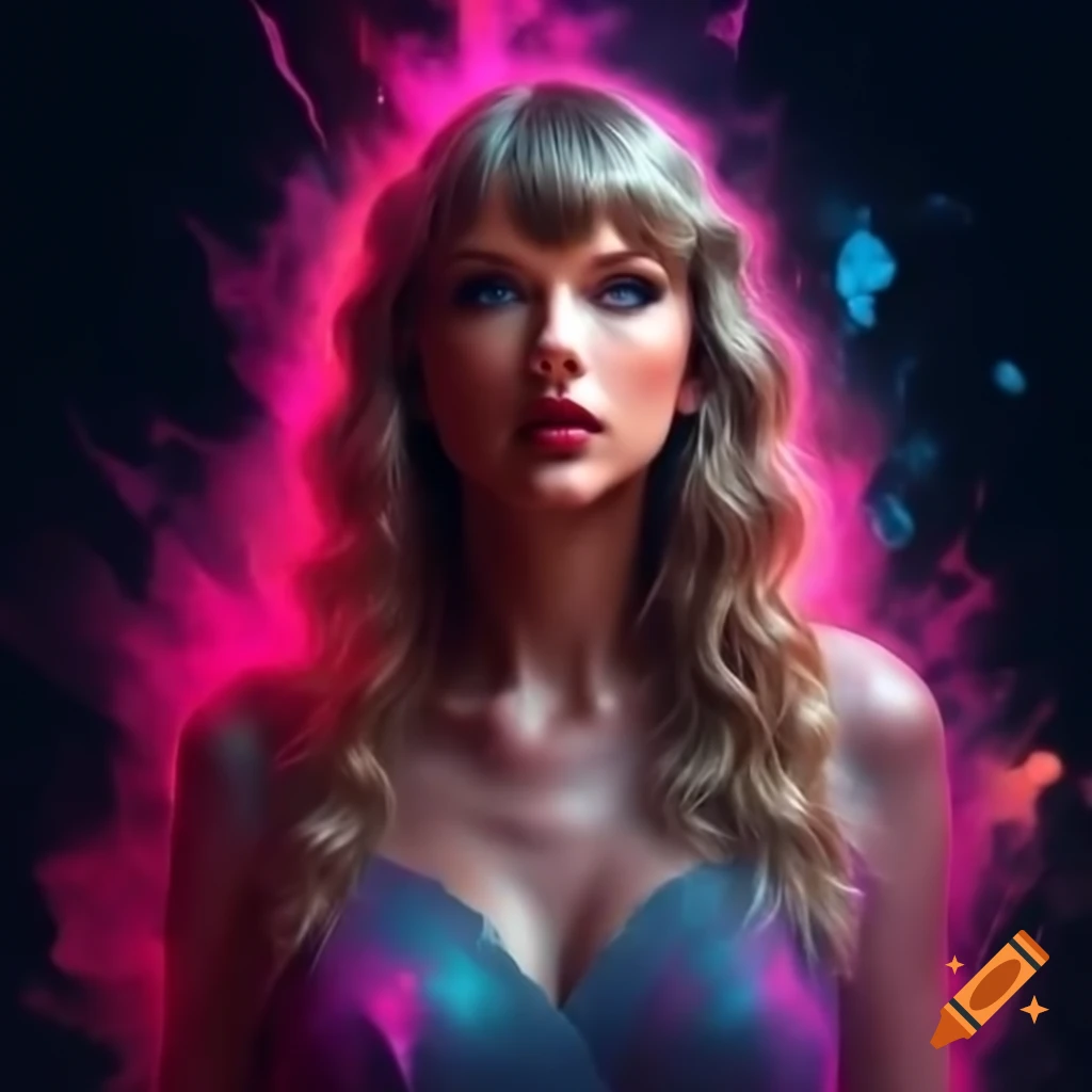 Taylor Swift poster with bright pink and purple highlights on dark background