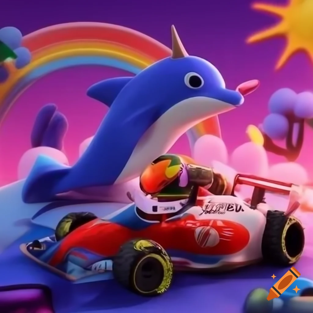 Formula 1 car in the sea with rainbow unicorns and dolphins on craiyon