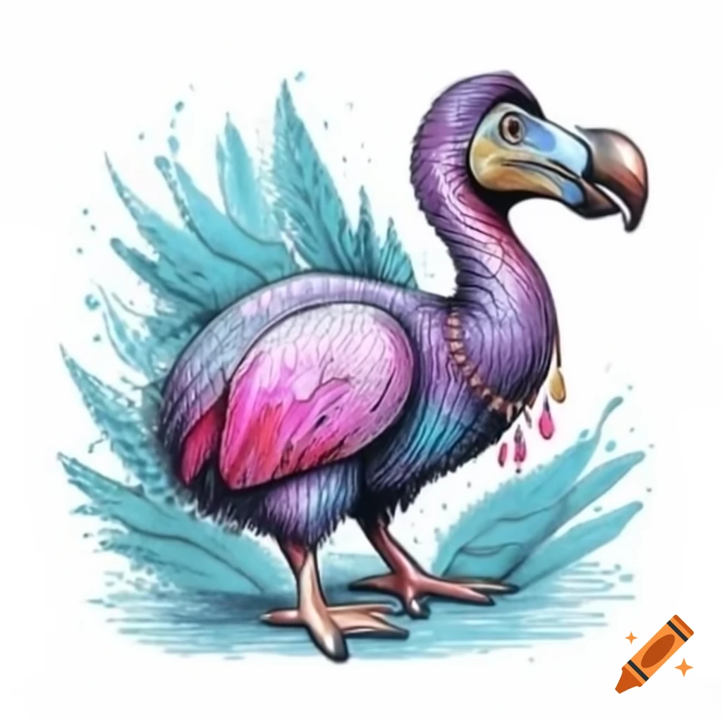 Vibrantly colored dodo with eyeshadow and jewelry among flowing feathers