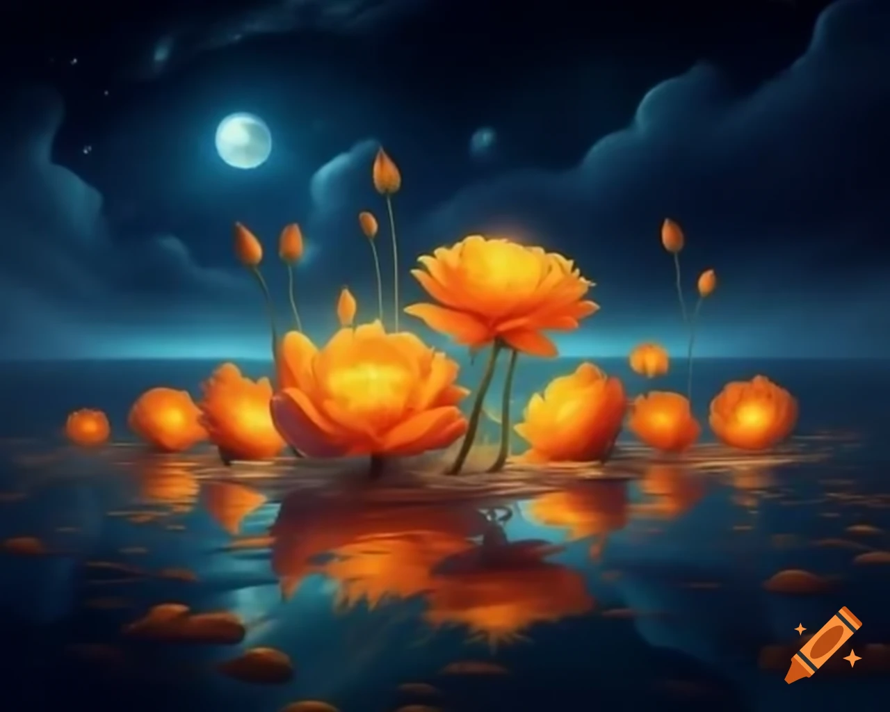Celestial beauty on moonlit shore with glowing lanterns and tranquil water